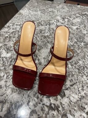 SHEIN Burgundy Patent Double-Strap Square-Toe Slide Heels